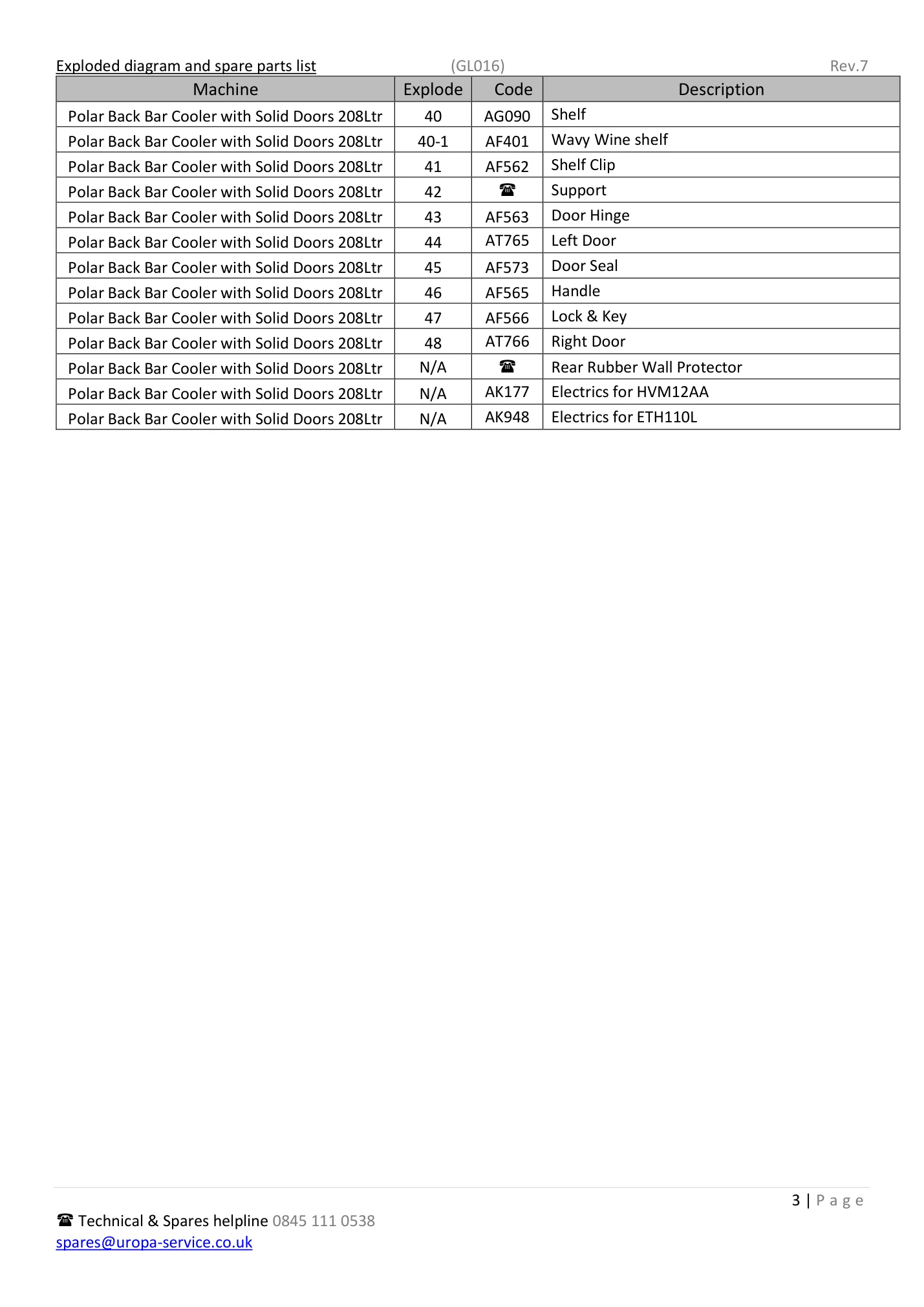 GL016 parts list continuation