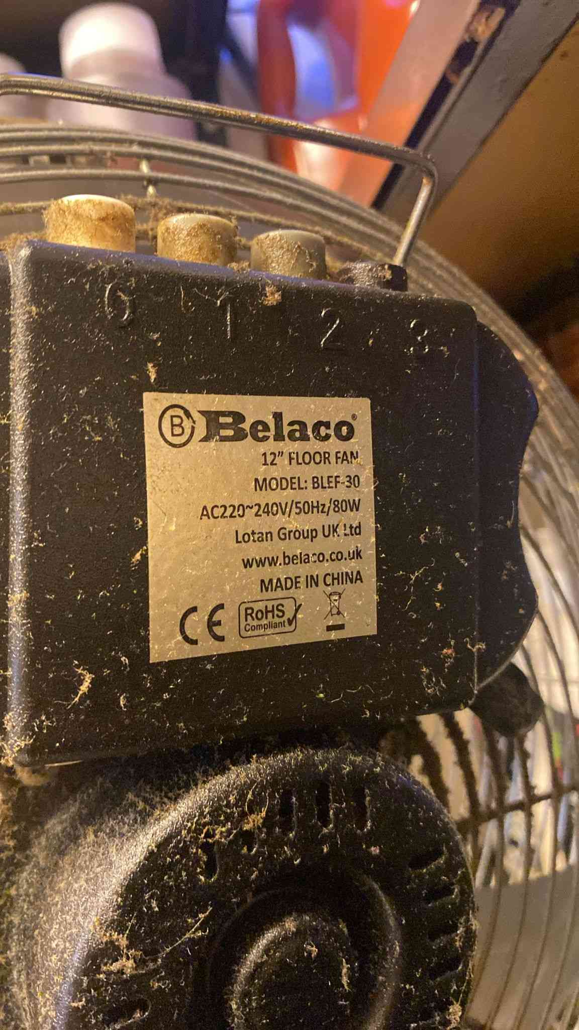 Belaco BLEF-30 rating label showing 220 to 240 volts, 50 hertz and 80 watts