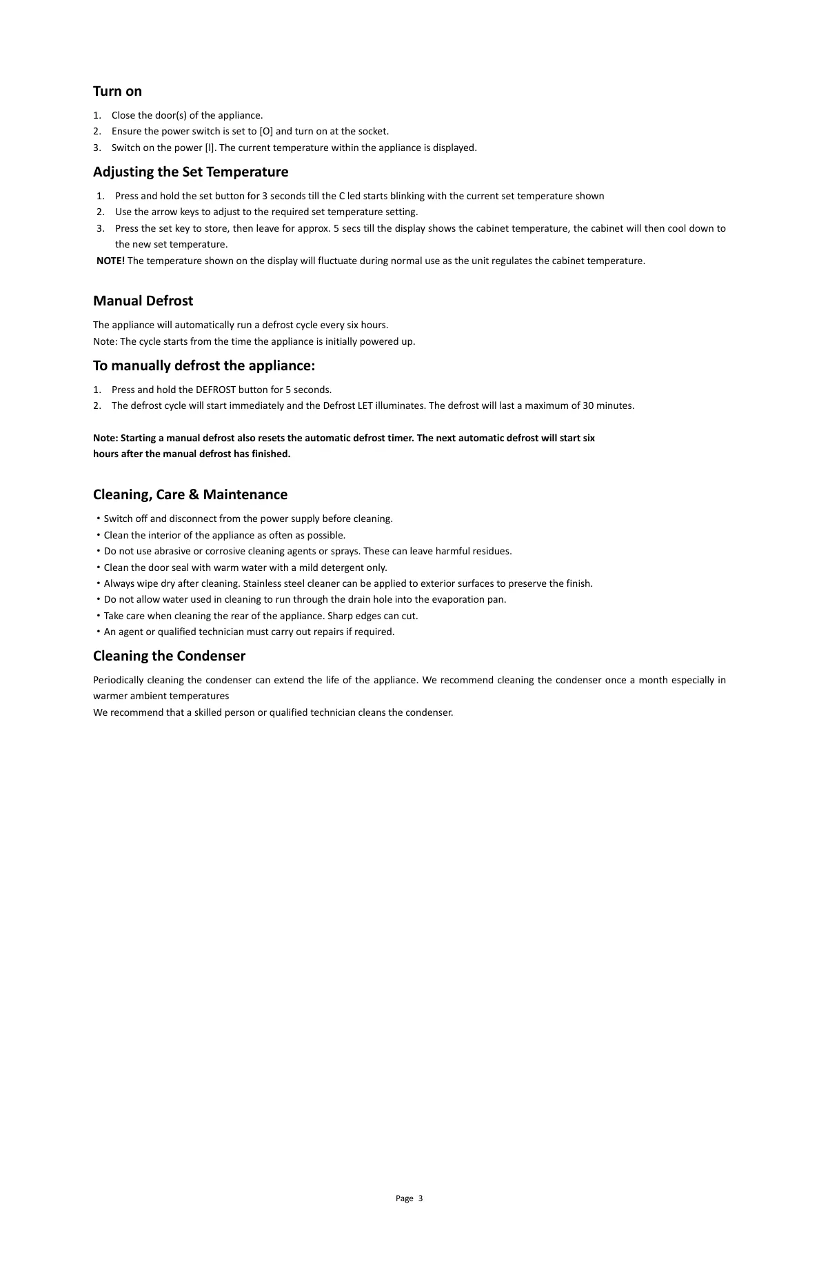 BF1SS manual page showing temperature and defrost instructions