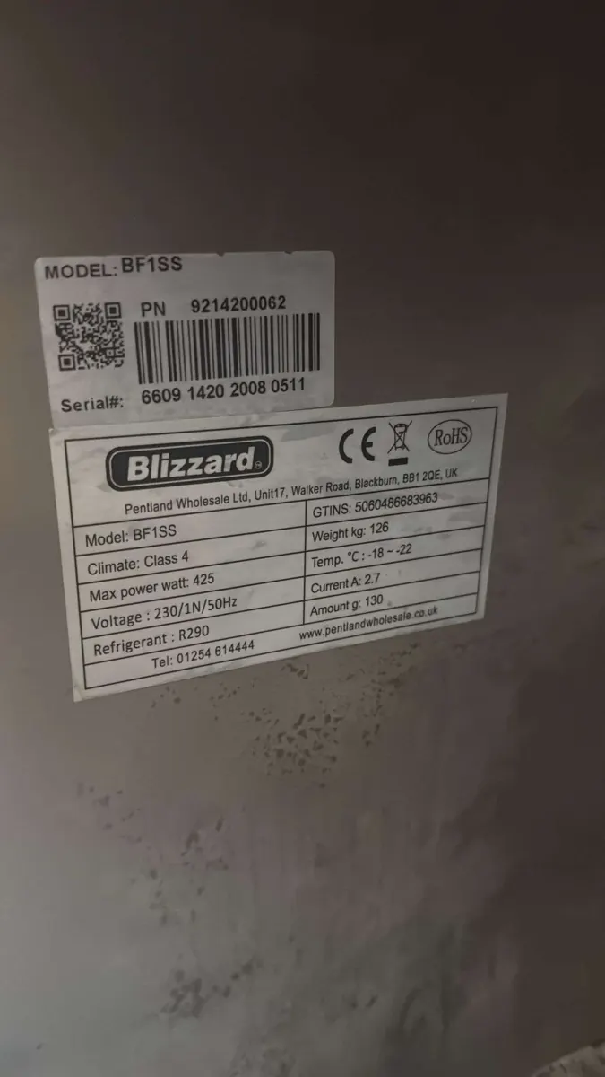 Blizzard BF1SS freezer rating label