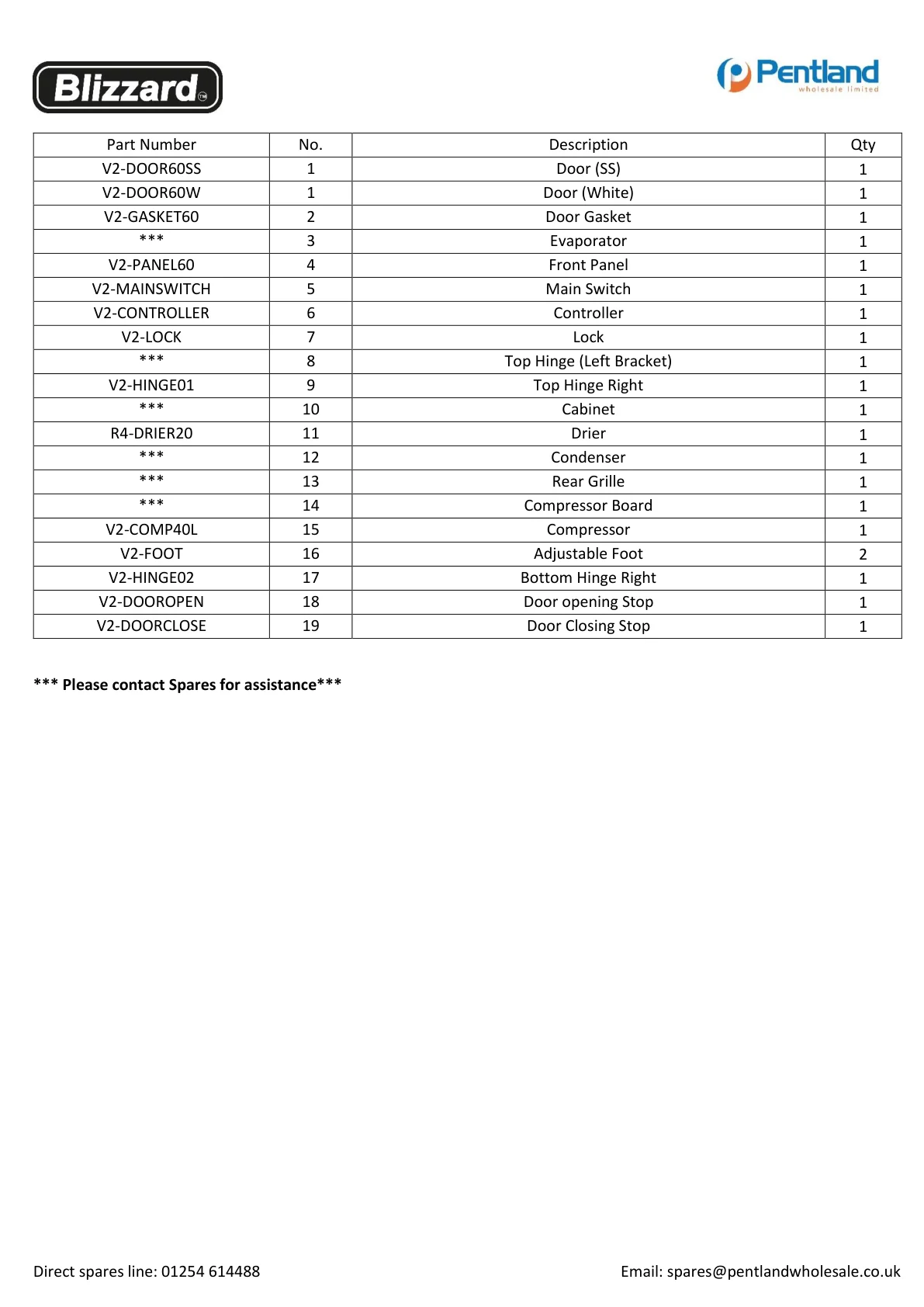 Blizzard LS60 parts list showing V2-GASKET60 door gasket