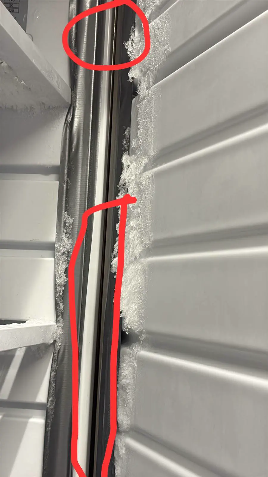 Marked close-up of black magnetic door gasket and frost gap