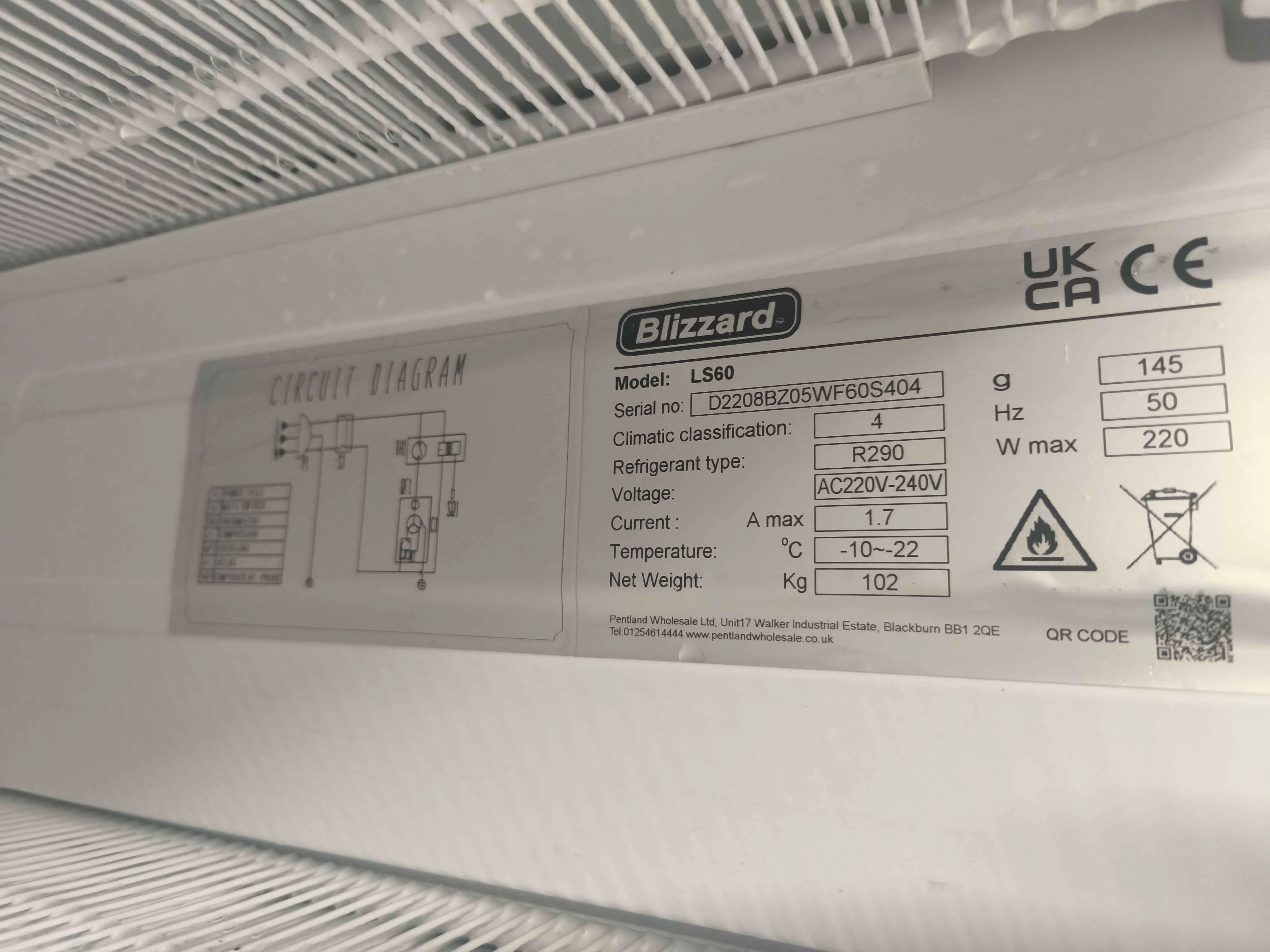 Blizzard LS60 freezer rating label