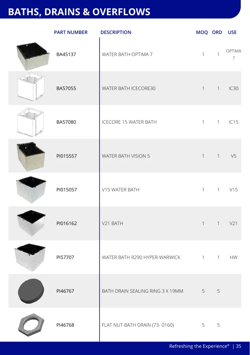 Multiplex parts catalogue page for baths drains and overflows