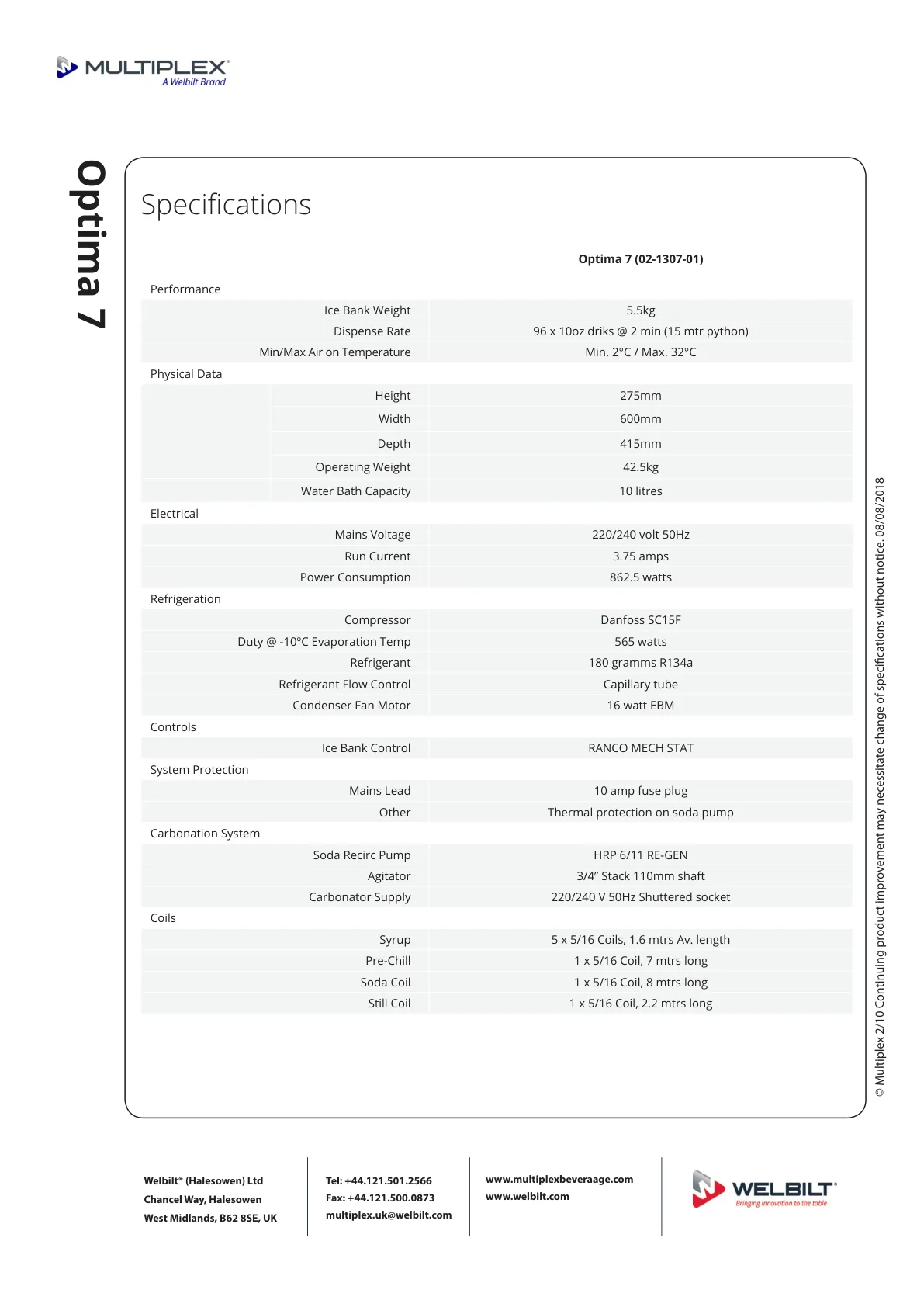 Multiplex Optima 7 specifications page